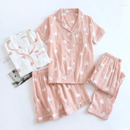 Women's Sleepwear Spring And Summer Women's Pajamas Three-piece Set Short Sleeves Shorts Trousers Cotton Gauze Love Print Homewear