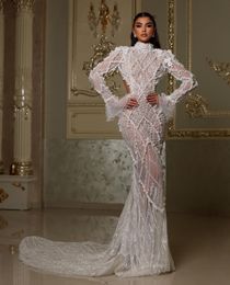Luxury Mermaid Wedding Dresses Long Sleeves High Neck Backless Beaded Pearls Sequins Appliques Formal Dresses 3D Lace Bridal Gowns Plus Size Vestido de novia Custom