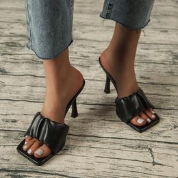 Slippers 2023 Ladies Summer Square Head Mule High Heels Sexy Open Toe Wedding Party Fashion Female Fine Heel Sandals