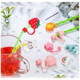 Drinking Straws Creative Sile St Tips Er Reusable Dust Cap Splash Proof Plugs Lids Antidust Tip Sunflower Cherry Blossom Rainbow Cat Dhabr