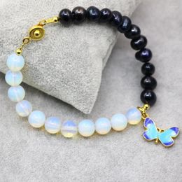 Strand Fashion Natural Black 7-8mm Pearl Opal 8mm Round Beads Charms Bracelets For Women High Quality Jewerly 7.5inch B2932