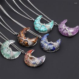 Pendant Necklaces Natural Crystal Moon Necklace Tree Of Life Amethyst Reiki Polished Mineral Jewelry Healing Stone For Men Women