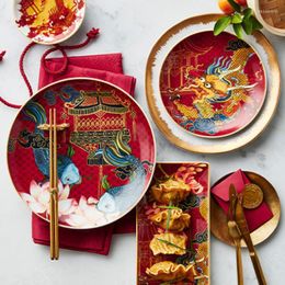 Plates Chinese Classical Painted Ceramic Plate Dragon Phoenix Decorative Dinner Rice Bowl Home Afternoon Dessert Dishes
