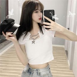 Women's T Shirts T-shirts Short Leaky Navel Women Pure Color Korean Female Summer Sleeves Girl Slim Simple Chain Design FashionWomen's
