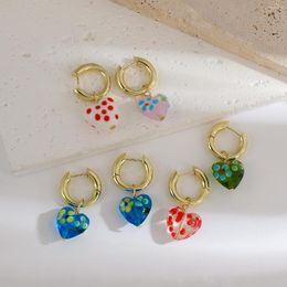 Hoop Earrings AENSOA Hand Painted Colourful Floral Glaze Heart Pendientes For Women Golden Copper Alloy Huggie Jewellery