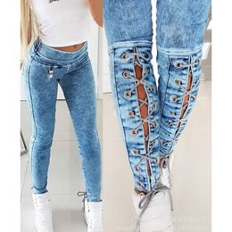 Women's Jeans for SlimFit Lace Up Spring Autumn Fashion Mid Waist Denim Pencil Pants Streetwear Trousers 230111