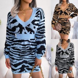 Casual Dresses 2023 Spring Autumn Fashion Tiger Pattern Lantern Sleeve Waist Closing Women Knitted Dress V-Neck Female Woollen Vestidos