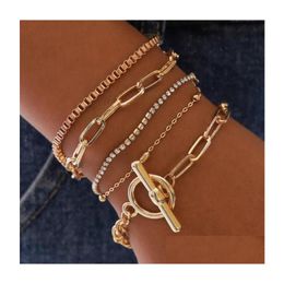 Charm Bracelets Fashion Jewellery Mti Layer Bracelet Set Ot Buckle Rhinstone Beads Geometric Hollowed Chain Drop Delivery Dh0Pl