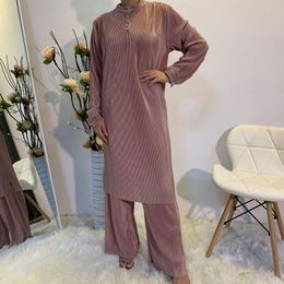 Ethnic Clothing Pleats Matching Two Piece Set Outfit Summer Women Muslim Eid 2pc Wide Pants Long Sleeve Tops Shirt Tunic Modesty