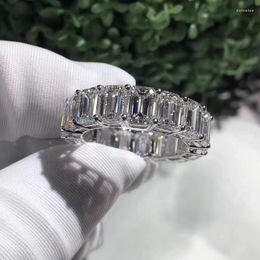 Wedding Rings Luxury Eternity Promise Ring Real Silver Color Full Emeral Cut Zircon Engagement Band For Women Men