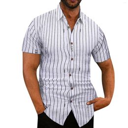 Men's Casual Shirts Letter Striped Shirt Men Spring Summer Lapel Single Breasted Beach Vacation Outdoor Short Sleeve Business Male Tops