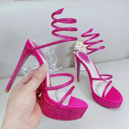 Sandálias de salto alto fino sapatos formais cetim cobra em forma de sinuoso sholled shoe shoe feminino de salto alto sandália de designer de luxo