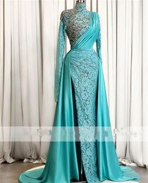 Muslim Mermaid Evening Dresses 2023 Elegant Lace Appliques Crystal Dubai Formal Prom Party Gowns Robe De Soiree 322