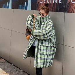 Women's Down Parkas Winter Women Green Plaid CottonPadded Coat Loose Stand Collar Long Sleeve Thick Warm Big Pocket Casual Cotton Outerwear 230111