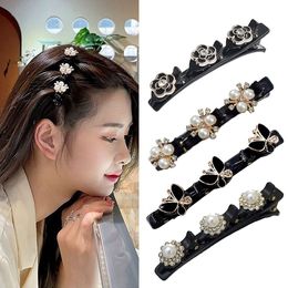 Korean Style Ribbon Acrylic Crystal Flowers Hair Clips for Girl Rhinestones Sweet Cute Bangs Side Barrettes Elastic Duckbill Clip 1314