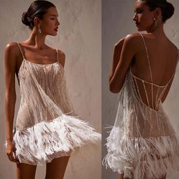 Sexy Mini Illusion Prom Dresses Feather Sequins Beads Short Evening Dress Pageant Gown Party Birthday Club Wear