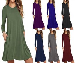 Autumn And Winter Dress Solid Color Round Neck Large Swing Pocket