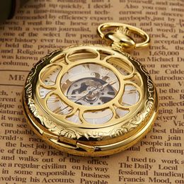 Pocket Watches Luxury Gold Gold Automático Mechanical Watch Retro Cobre Numerais Romanos Cadeia FOB Pingentes Homens Mulheres Reloj de Bolsillo