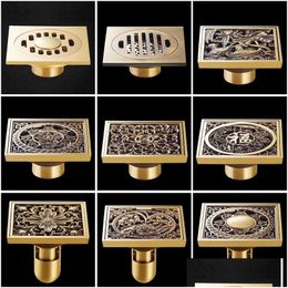 Other Bath Toilet Supplies 10X10Cm Square Antique Brass Art Carved Drains Shower Strainer Hair Bathroom Floor Drain Waste Grate Dr Dhwg8