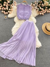 Work Dresses Purple/Yellow/Red Lace Chiffon Two Piece Set Women Vintage Beach Party Sleeveless Short Tops Pleated Long Skirt Female 2pcs