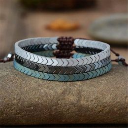 Charm Bracelets 2023 Simple Fashion Hematite Men Bracelet Pave Cubic Zirconia Adjustable Handmade Weave Jewellery Gift