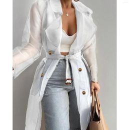 Women's Blouses Womens Sun Protection Shirts Clothing Sheer Mesh Long Sleeve Buttoned Coat With Belt Summer Chic Outerwear Cover Up Beach