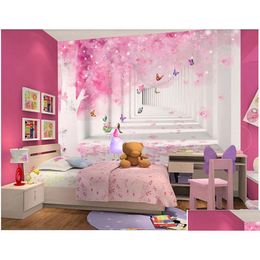 Wallpapers Wall Paper 3 D Custom Po Pink Cherry Butterfly Childrens Room Home Decor 3D Murals Wallpaper For Bedroom Walls Drop Deliv Dhyv4