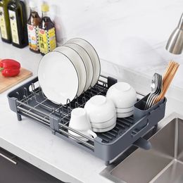 Dish Racks Drying Rack Stainless Steel Adjustable Kitchen Plates Organizer with Drainboard over Sink Countertop Cutlery Storage Holder 230111