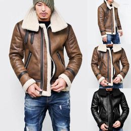 Men's Fur Autumn Winter Men Faux Leather Jacket Thick Turn-down Neck Warm Liner Lapel Zipper Outwear Top Coat Deri Mont Erkek