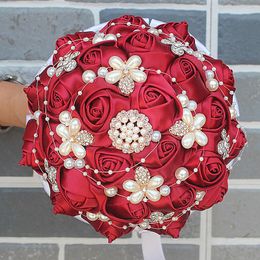 Decorative Flowers Luxury Diameter 15/18/21/24CM Wedding Bouquet Bridal Bridesmaid Bouquets Wine Red Rose Pearls Artificial Bride Holding