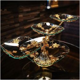 Dishes Plates Europeanstyle Glass Fruit Plate Mtilayer Snack Golden Iron Frame Modern Living Room Home Tray Desktop Decoration Dro Dhl2N