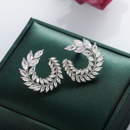 New Design Sparkly Olive Branch Leaf Shape Marquise Cut Big diamond Stud Earrings For Women Fine 925 silver Jewelry gift