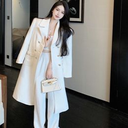 Women's Wool & Blends Fashion Women Woolen With Long Jacket Coat Double-Breasted Loose Vintage Elegant Pockets Female Outerwear White Street