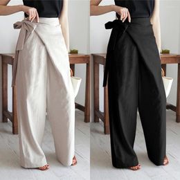 Women's Pants Casual Cotton Linen Women High Waist Wide Leg Summer Autumn Office Band Loose Palazzo Trousers Female Black White