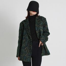 Women's Suits Green Leopard Blazer For Women Notched Long Sleeve Temperament Colorblock Loose Graphic Female Coat Fall Winter Clothing