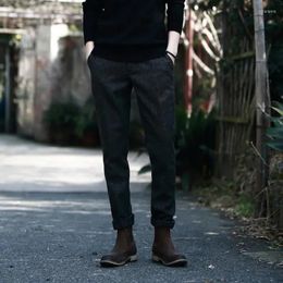 Men's Suits Man Pants Dark Grey Tweed Slim Fit Formal Autumn Breathable Trousers For Men Vintage Straight Business Casual Belt
