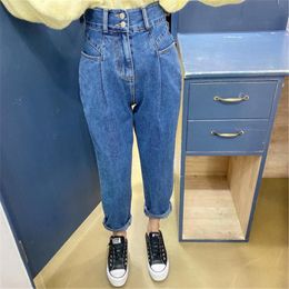 Women's Jeans 2023 Casual Blue Double Button High Waist Jean Pants Women Harem Pant Autumn Winter Streetwear Loose Female Denim P173