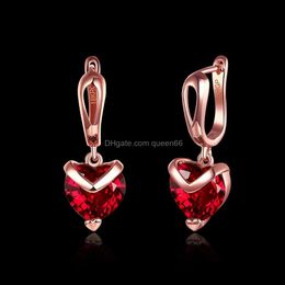 Dangle Chandelier Wholesale 18K Rose Gold Plated Red Zircon Heart Drop Earrings Woman Fashion Party Jewelry Wedding Gifts Delivery Ot5G8