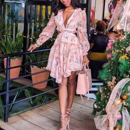 Casual Dresses Women's Boho Ruffle Trim Floral Print Backless Long Sleeve Deep V Neck Swing Knee-length Dress