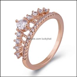 With Side Stones Cz Crystal Rings Fashion Rose Gold Crown For Women Jewelry White Engagement Wedding Ring Drop Delivery Dhbmd