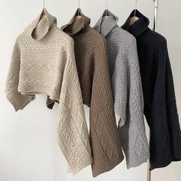 Cloak Sweater Shawl Autumn and Winter High Collar Pullover Knitted Irregular Outer Jacket Warm Waistband Collar Fake Collar