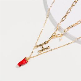 Pendant Necklaces 2023 Gold Alloy Letter Long Chain Necklace Natural Red Coral Branch Lady 2-Multi-layer Jewelry