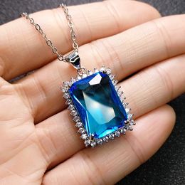 Square Pendant women fashion blue crystal imitation aquamarine zircon white gold necklace European and American style girls wedding jewelry party birthday gift