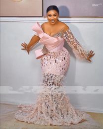 Aso Ebi Pink Lace Mermaid Evening Dresses With Feather Sheer Sleeve Plus Size Sequins African Women Prom Party Gowns 322