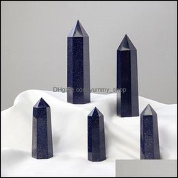 Arts And Crafts Ore Blue Gold Sandstone Quartz Pillar Ornaments Energy Stone Wand Healing Gemstone Tower Natural Crystal Point Drop Otsea
