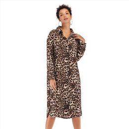 Womens Autumn Leopard Print Dress Fashion Sexy Mid Length To Long Split Shirt