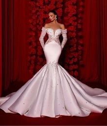 Luxury Mermaid Wedding Dresses Long Sleeves V Neck Backless Beaded Pearls Sequins Appliques Formal Dresses 3D Lace Bridal Gowns Plus Size Vestido de novia Custom