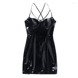 Casual Dresses Black Latex Pu Leather Dress Women's Corss Spaghetti Strap Bodycon Sexy Female Gothic Streetwear Club Tight Mini