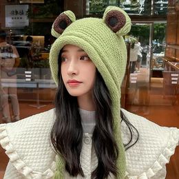 Berets EUMOAN Knitting Wool Cap Children Qiu Dong Season Lovely Ears Baotou Sleeve Head Lonely Frog Warm Earmuffs Student