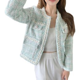 Women's Jackets Arrival Fashion Tweed Jacket Autumn Women Long Sleeve Pearls Beading Light Green Vintage Coat Elegant Woollen Outerwear